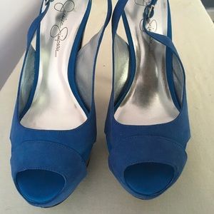 Women’s blue suede sling back heels